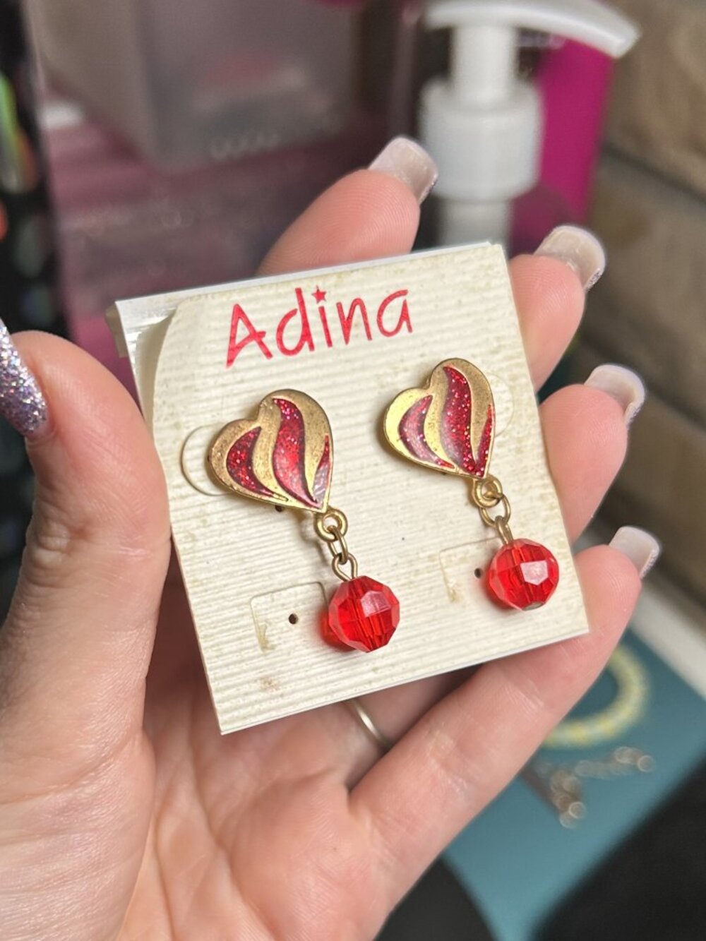 Vintage Adina Gold Tone Red Glitter Enamel Heart Drop Earrings